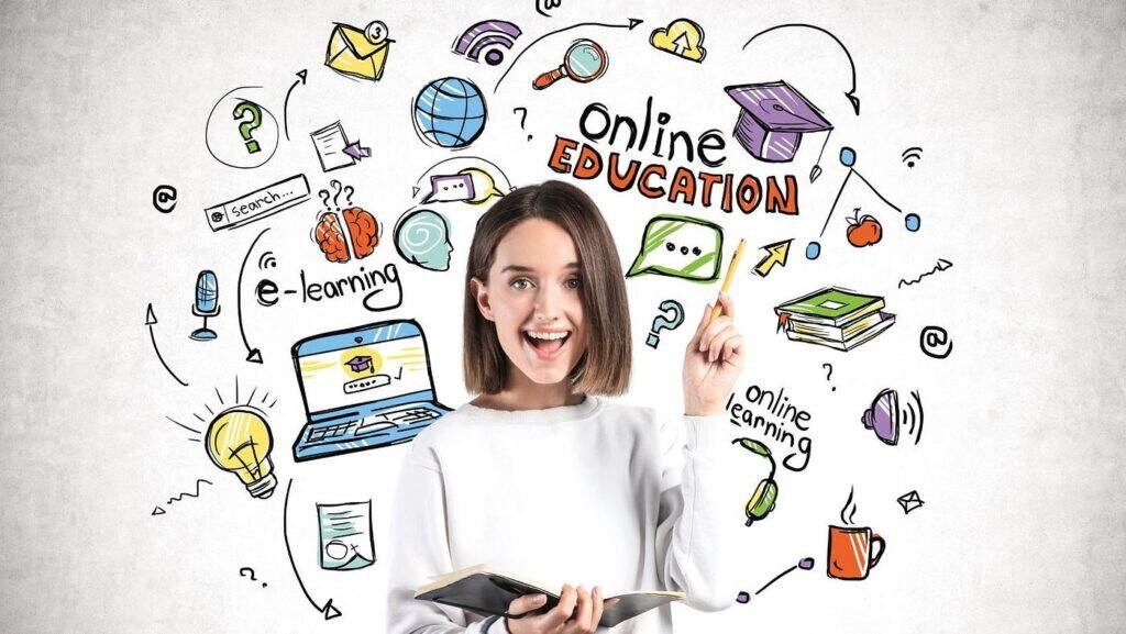 Woman with book and a lot of icons in the backgrounds. Online courses