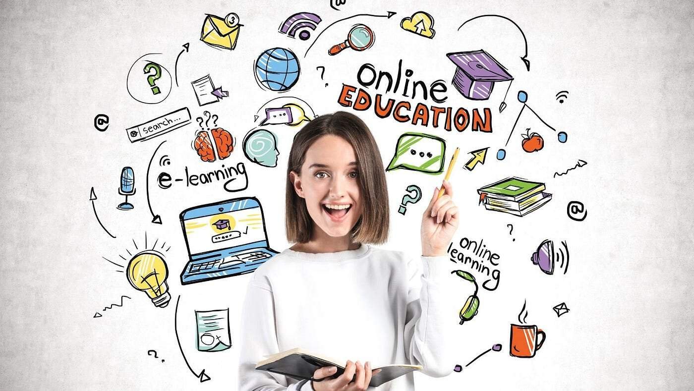 Woman with book and a lot of icons in the backgrounds. Online courses