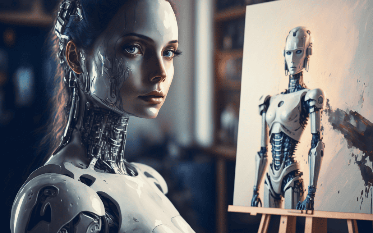 a woman looking at a robot