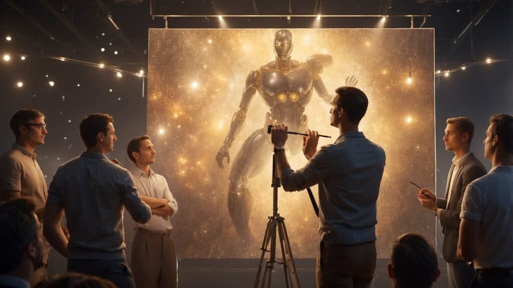 Man paints a robot on a canvas on a scene together with audience