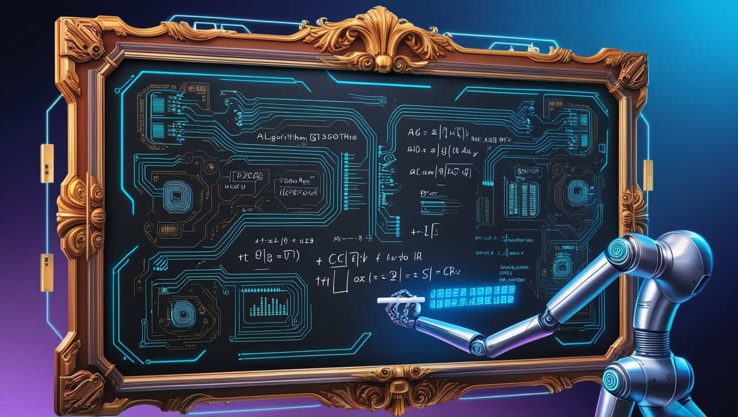 Robot using a whiteboard in an old frame. The whiteboard has a lot of AI on it.