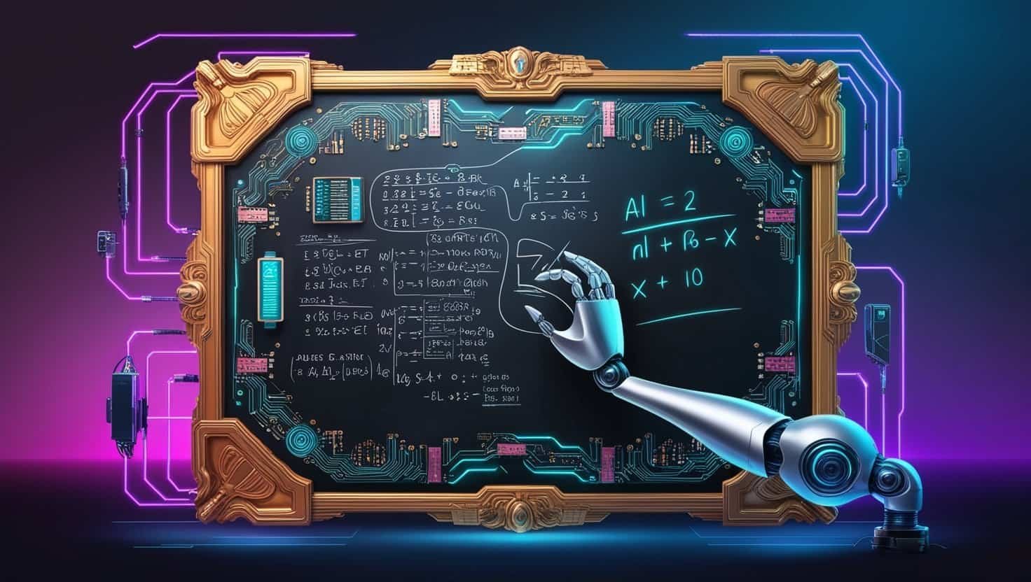 Robot using a whiteboard in an old frame. The whiteboard has a lot of AI on it.