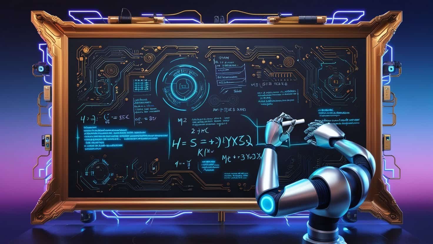 Robot using a whiteboard in an old frame. The whiteboard has a lot of AI on it.