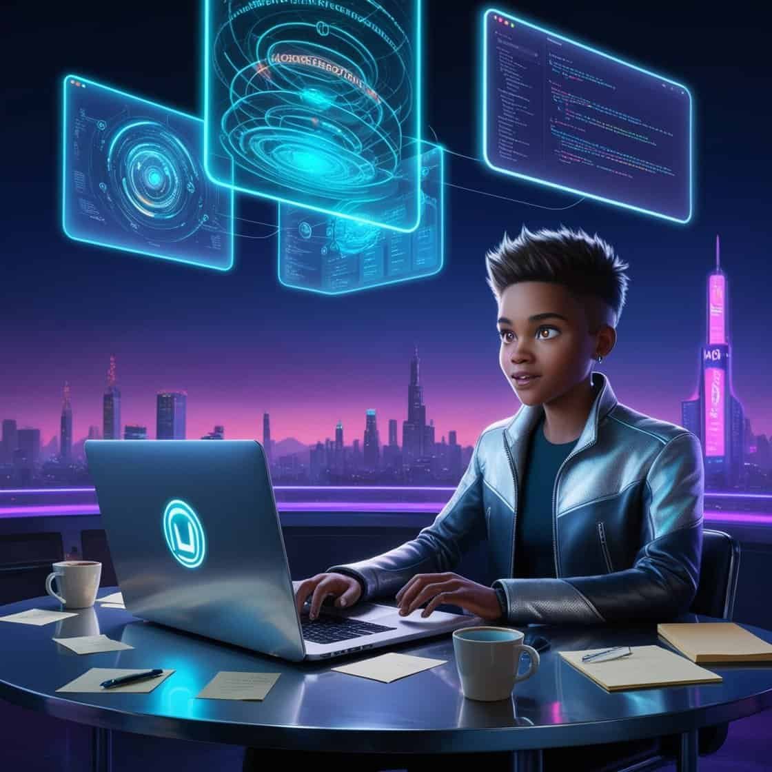 a boy sitting at a table with a laptop