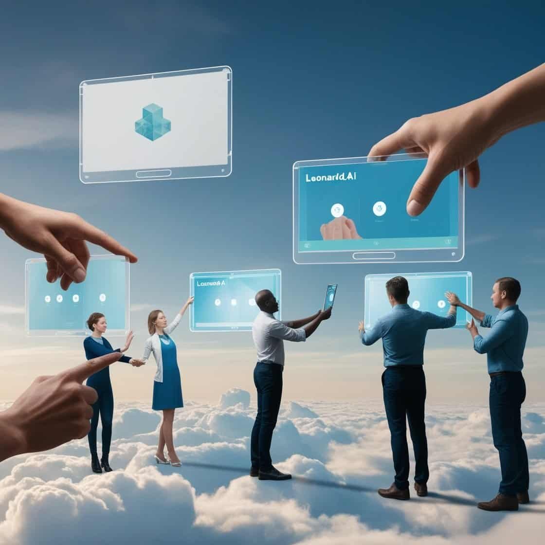 a group of people standing in a line with hands touching screens