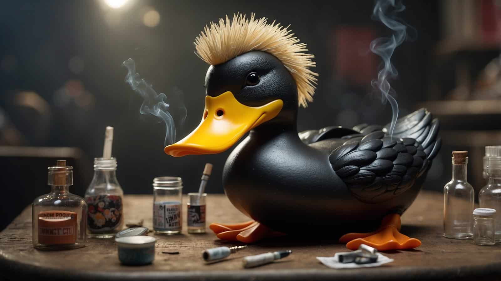 Black punker duck on a table