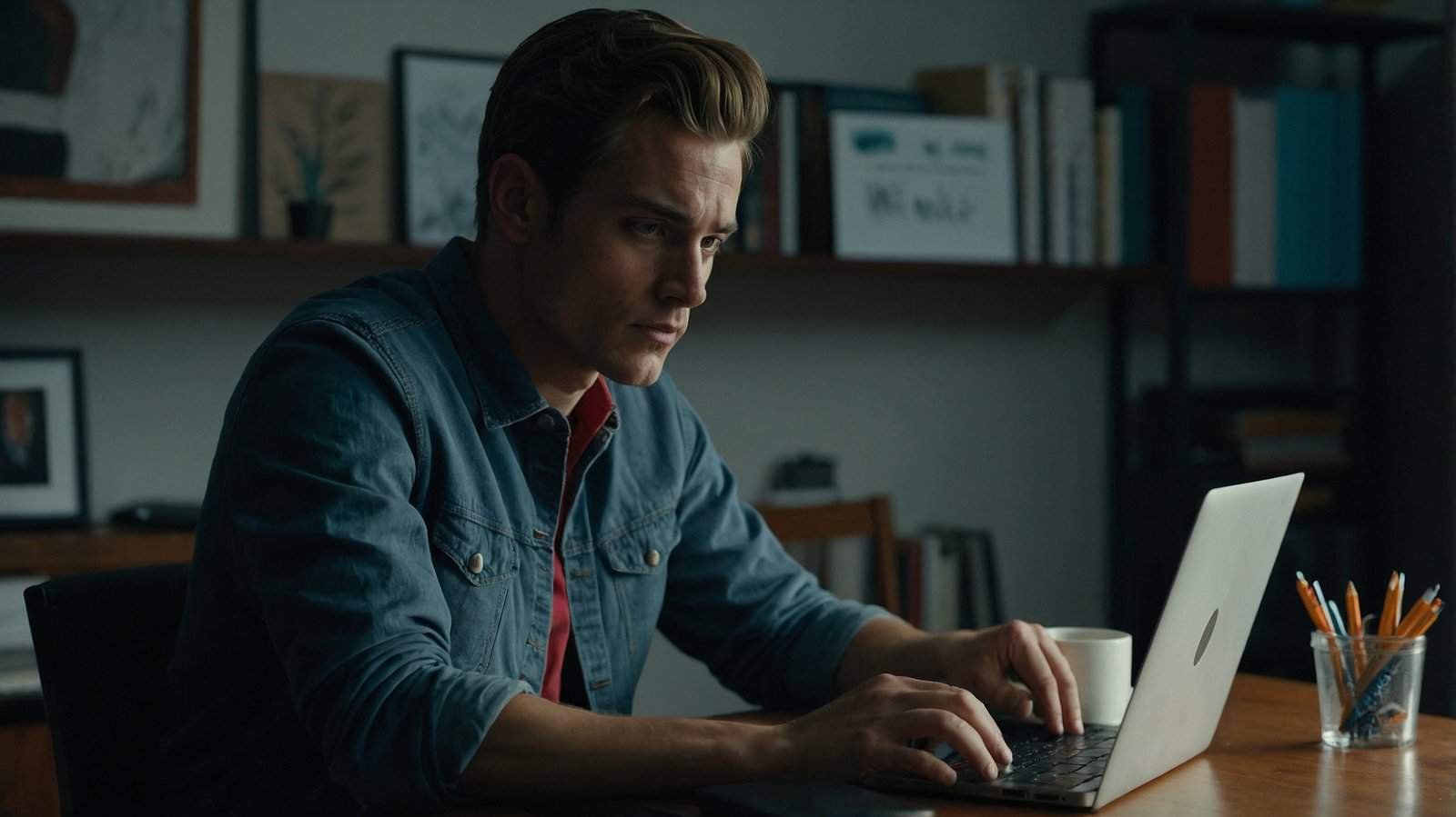 man sitting at a desk creating Content