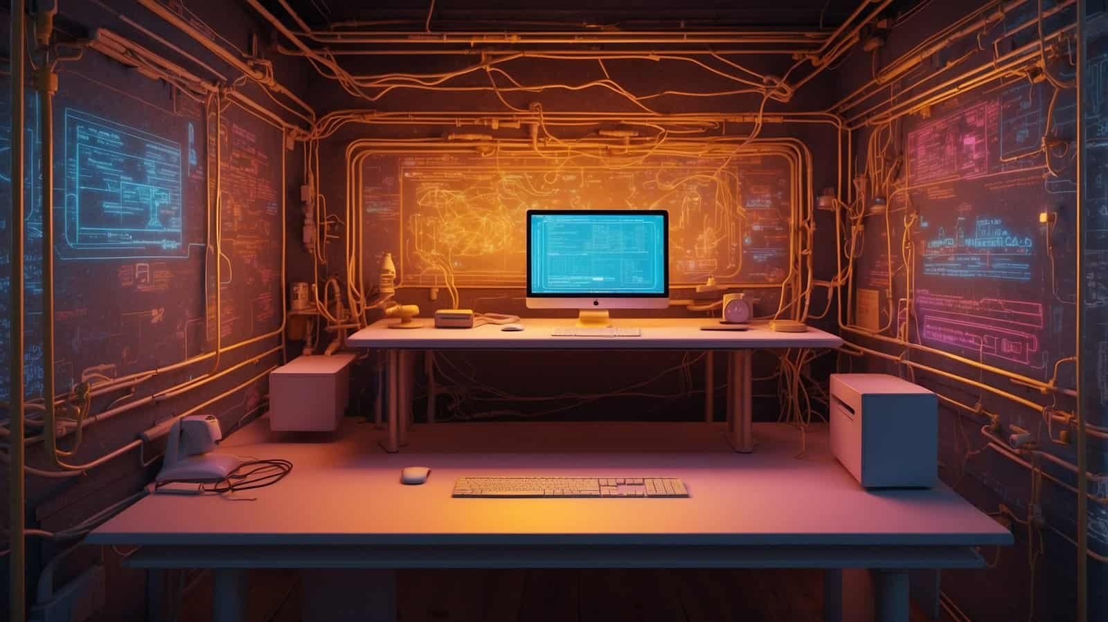 An office with screens and neon colors