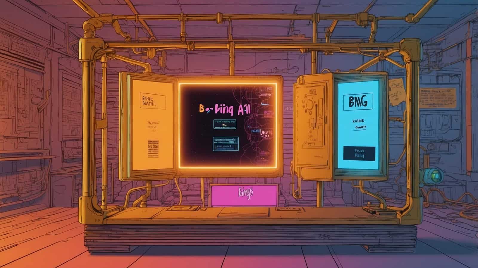 An office with screens and neon colors