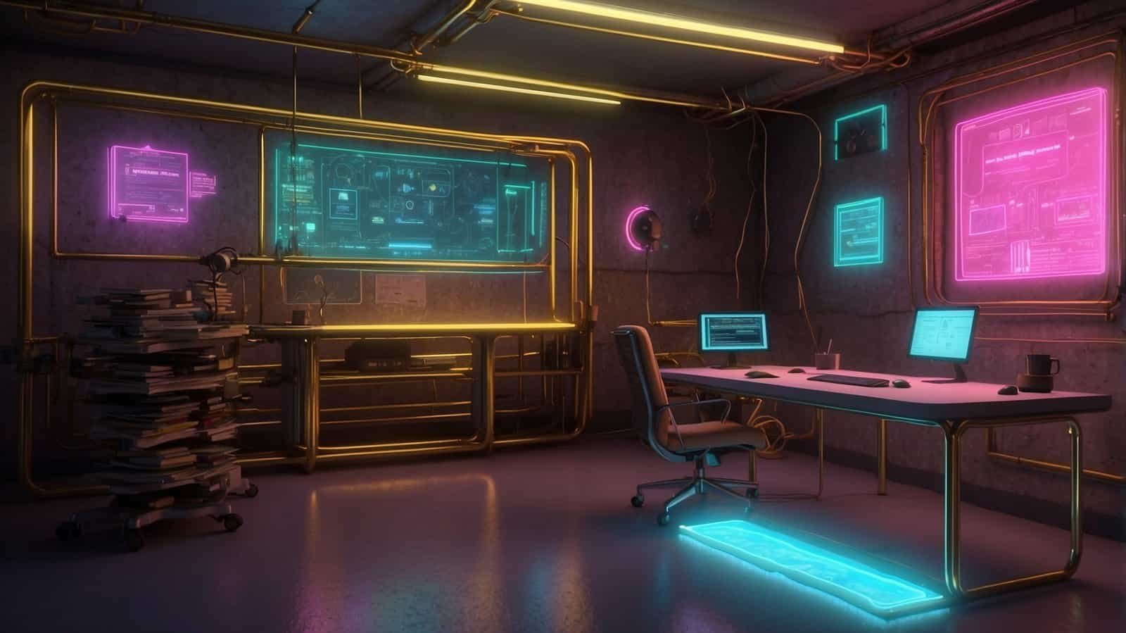 An office with screens and neon colors
