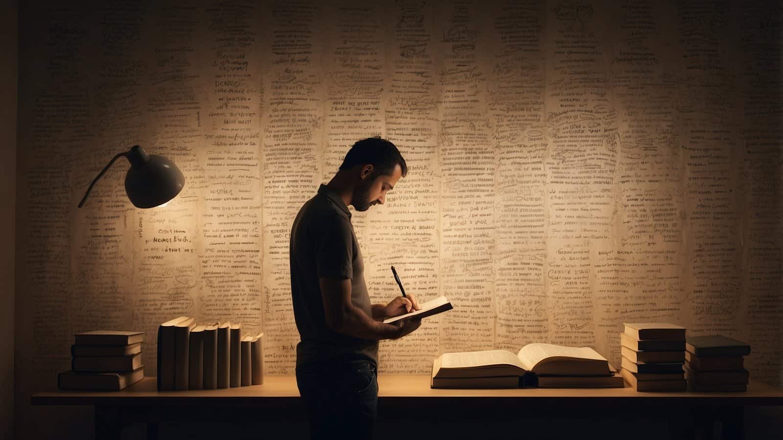 A man in a dark room doing copywriting
