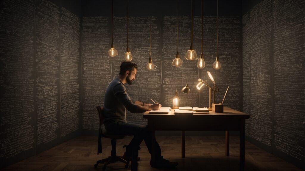 A man in a dark room doing copywriting