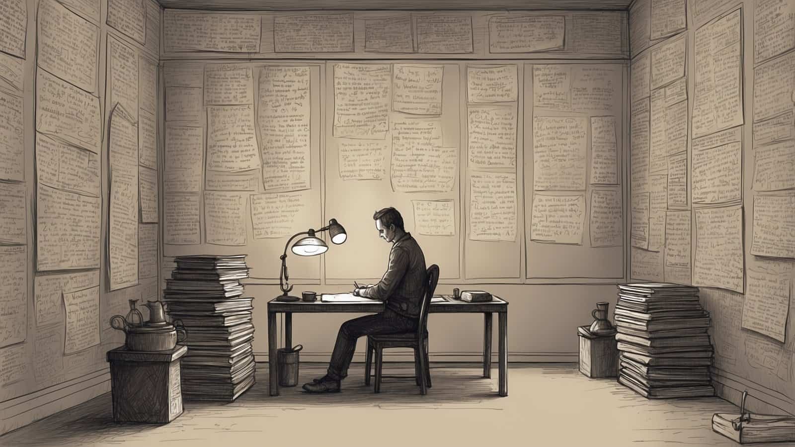 A man in a dark room doing copywriting