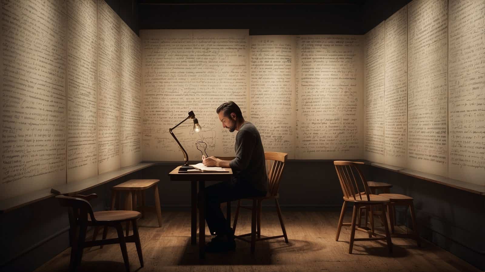 A man in a dark room doing copywriting