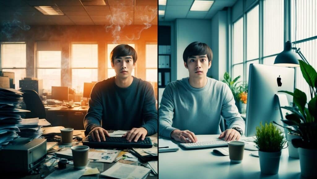 2 guys in an office. One is bright an one is dark