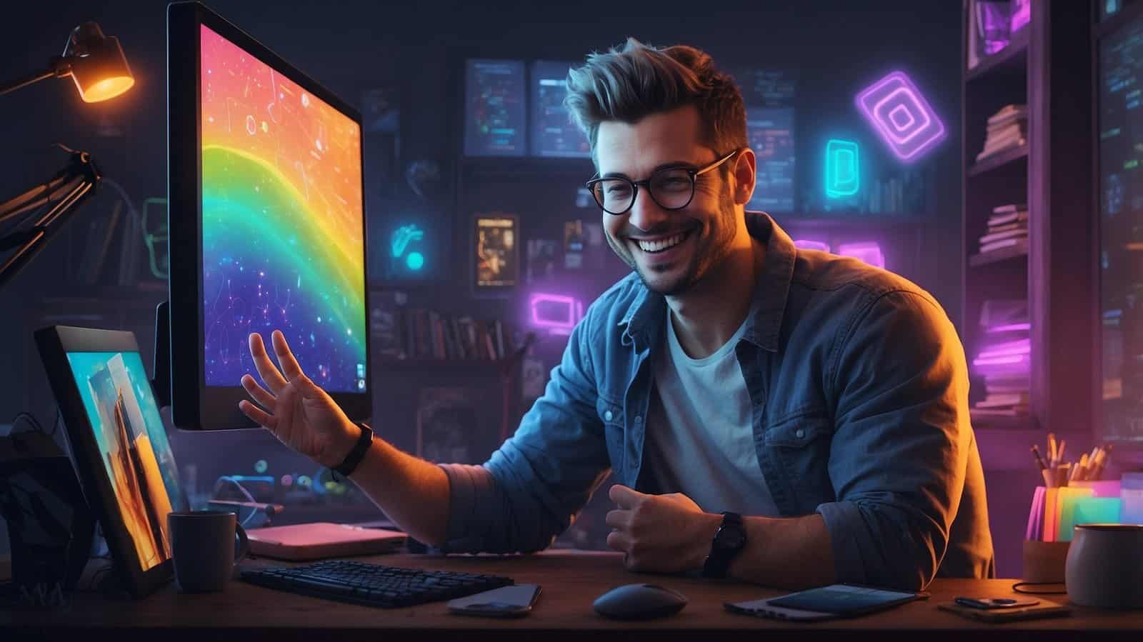 Man smiling sitting at his disk in his neon colored office