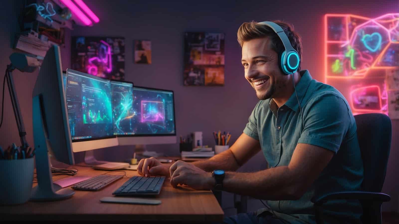 Man smiling with headphones on sitting at his disk in his neon colored office
