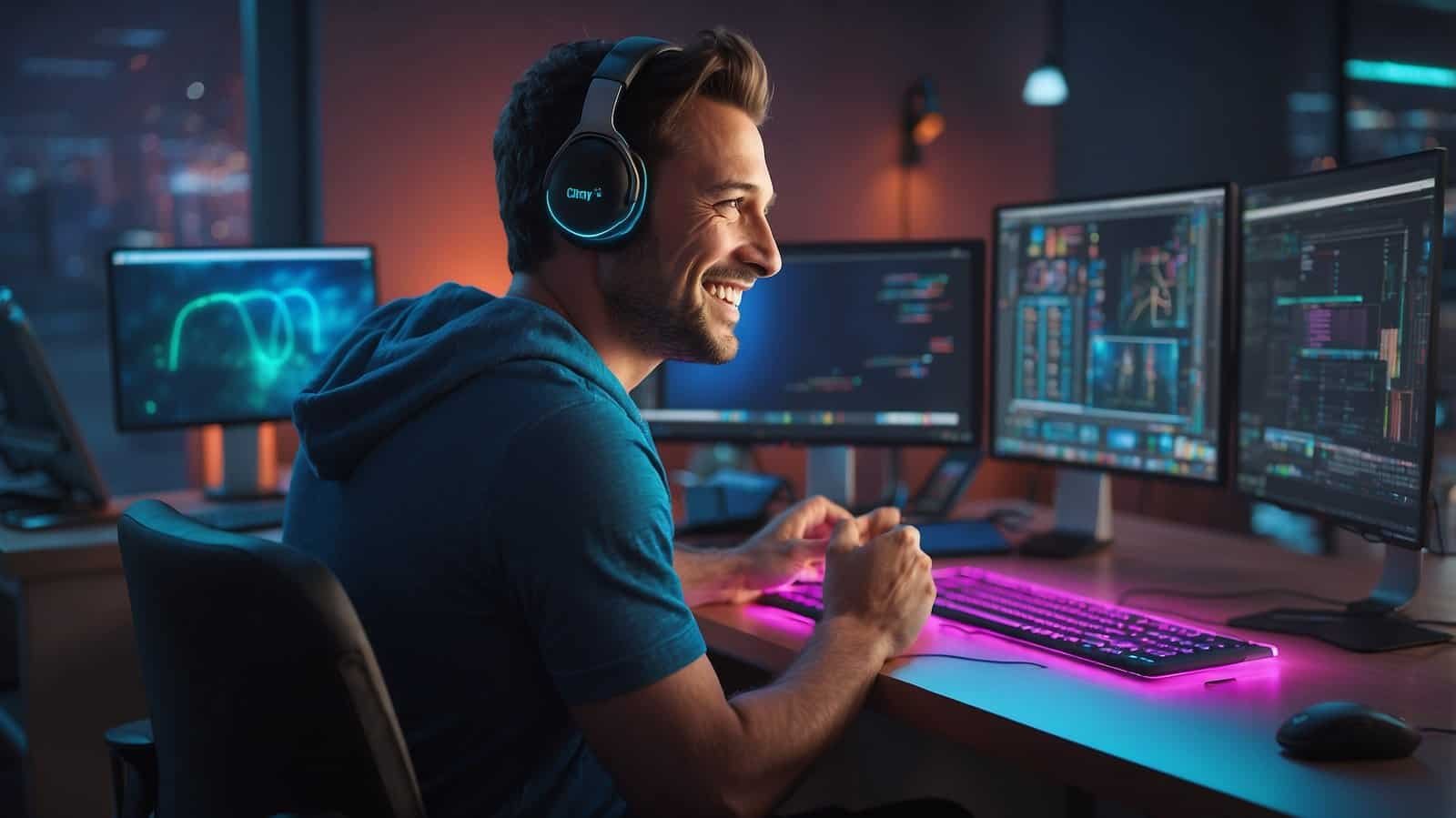 Man smiling with headphones on sitting at his disk in his neon colored office