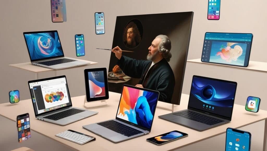 Laptops, desktops, mobile phones and apps in the same room as a man painting