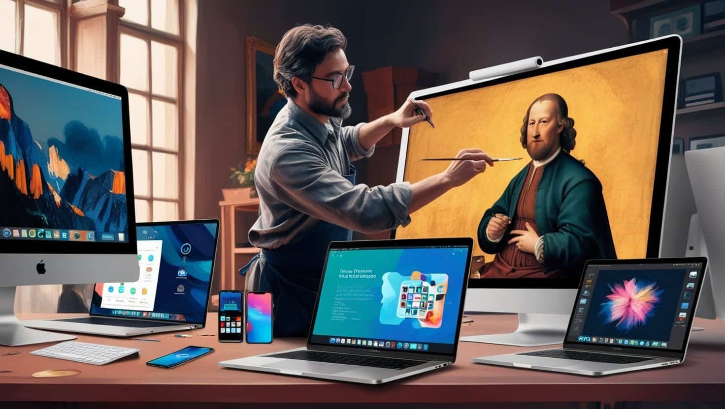 Laptops, desktops, mobile phones and apps in the same room as a man painting