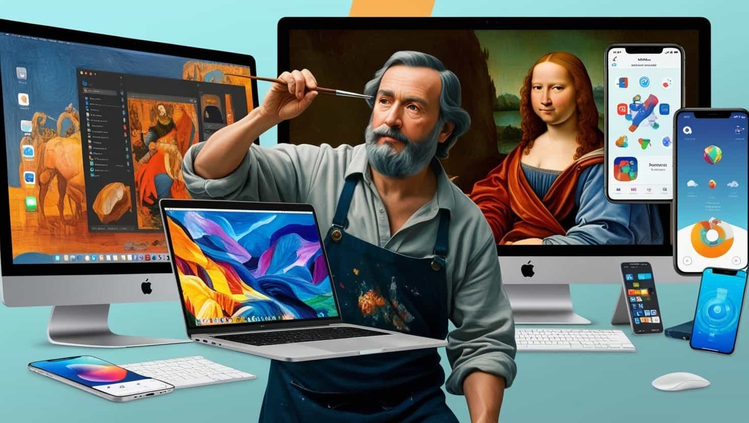Laptops, desktops, mobile phones and apps in the same room as a man painting
