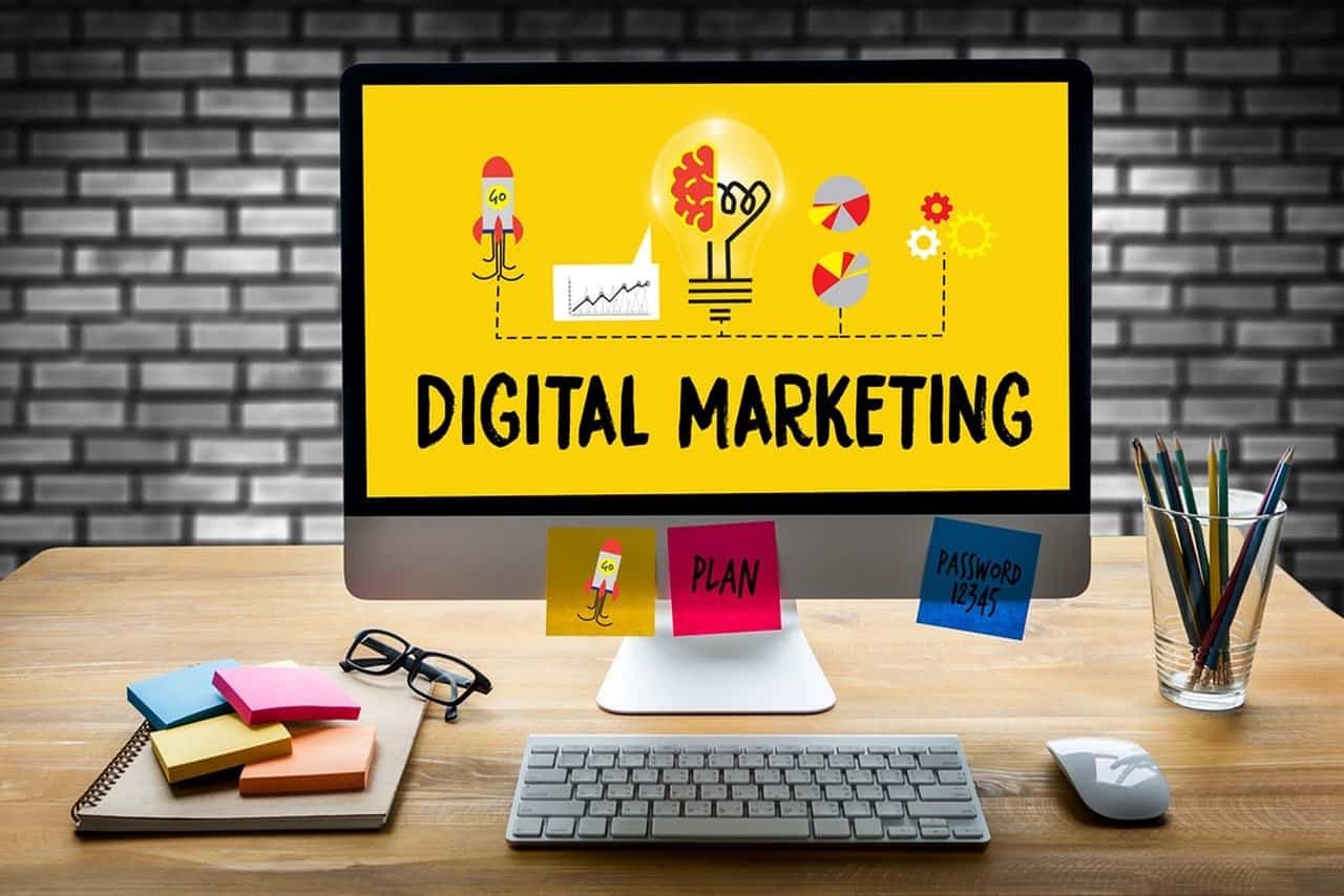 Desktop on a table saying Digital Marketing