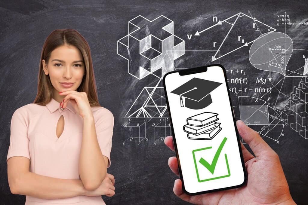 Woman in front of a board and a smartphone in the front of the image