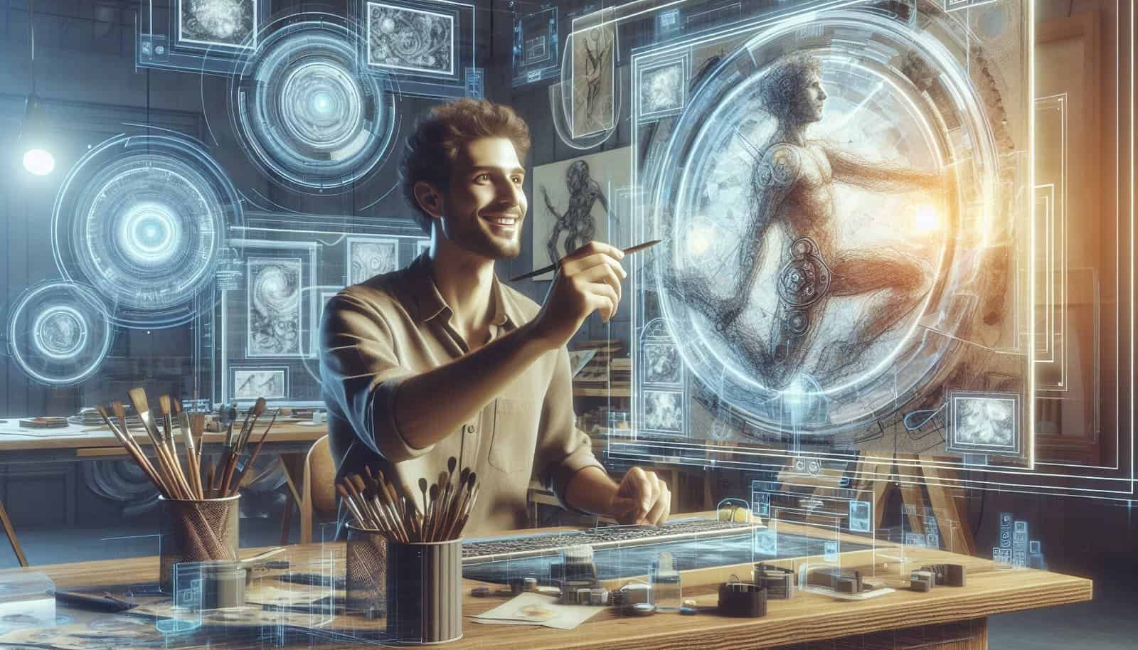 a man sitting at a desk with a computer and a drawing of a man