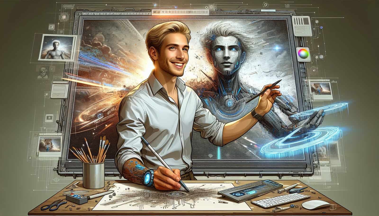 a man holding a pen and drawing on a painting