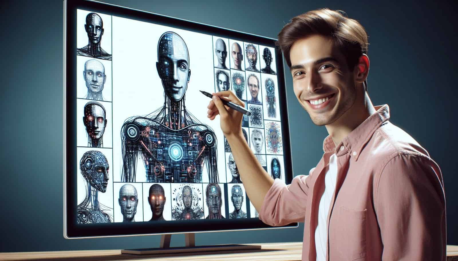 a man smiling at a computer screen