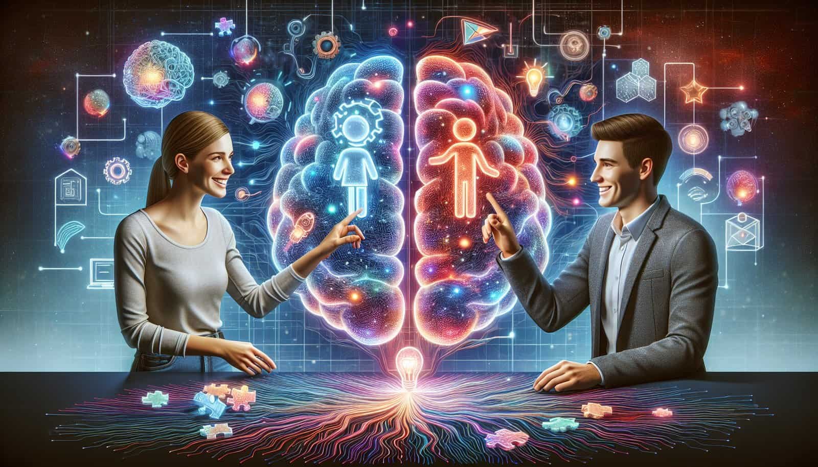 a man and woman looking at a brain