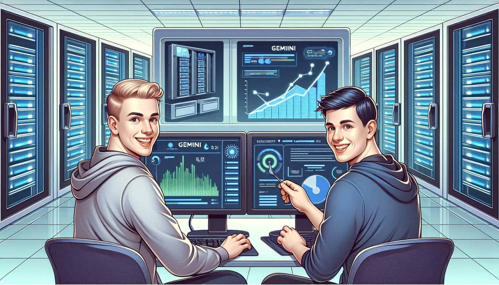 a couple of men sitting in front of computer screens