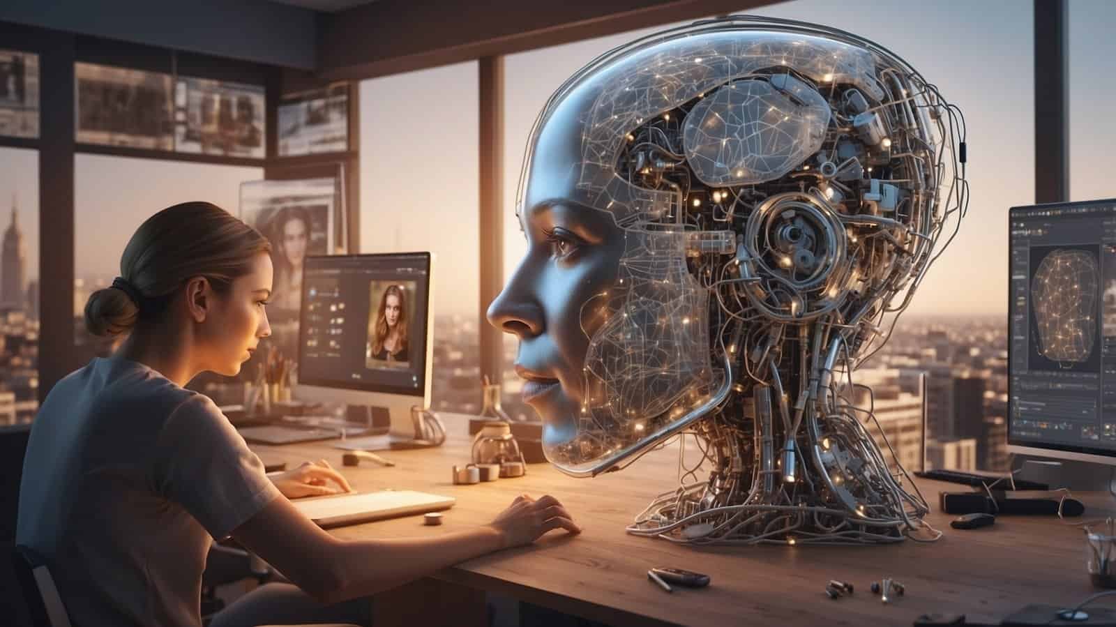 Woman and an AI in a tall building in the office