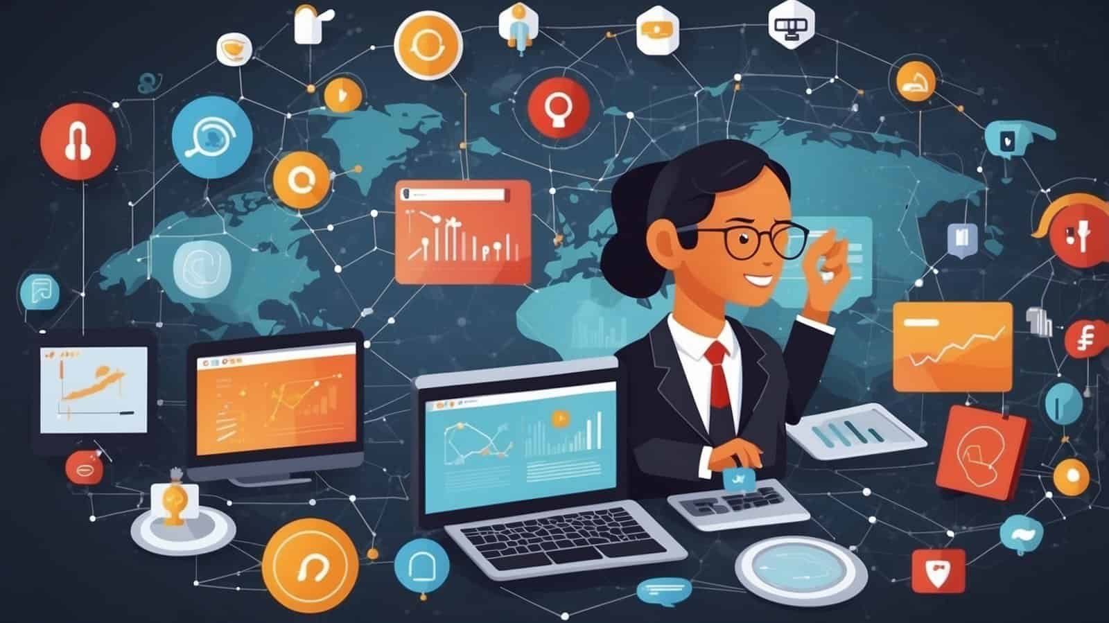 Woman and desktops and icons