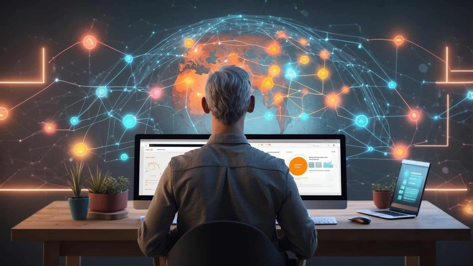 man, desktops and digital world