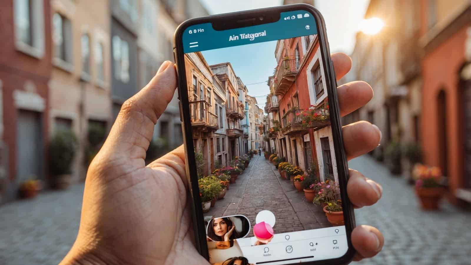 Iphone in a human hand taking a photo of buildings