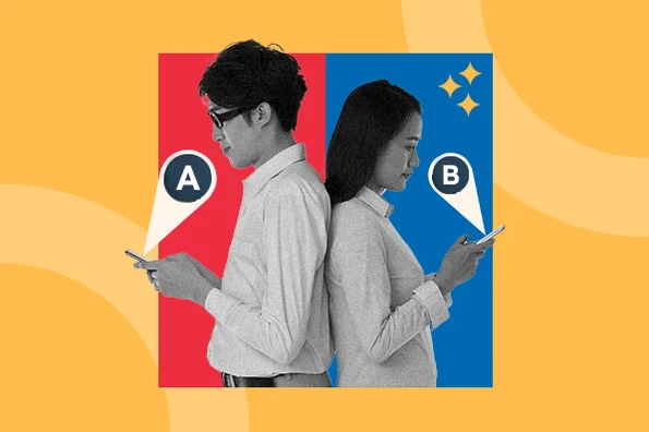 Man and woman with the letter A and B with smartphones