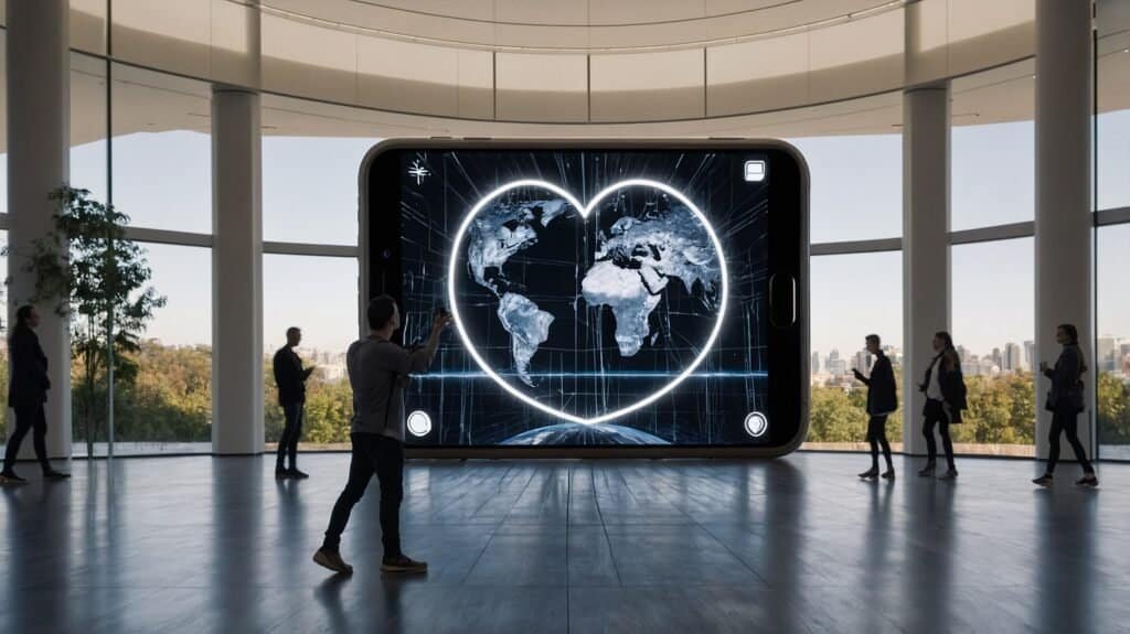 A big screen with the earth and a heart. Instagram reels.