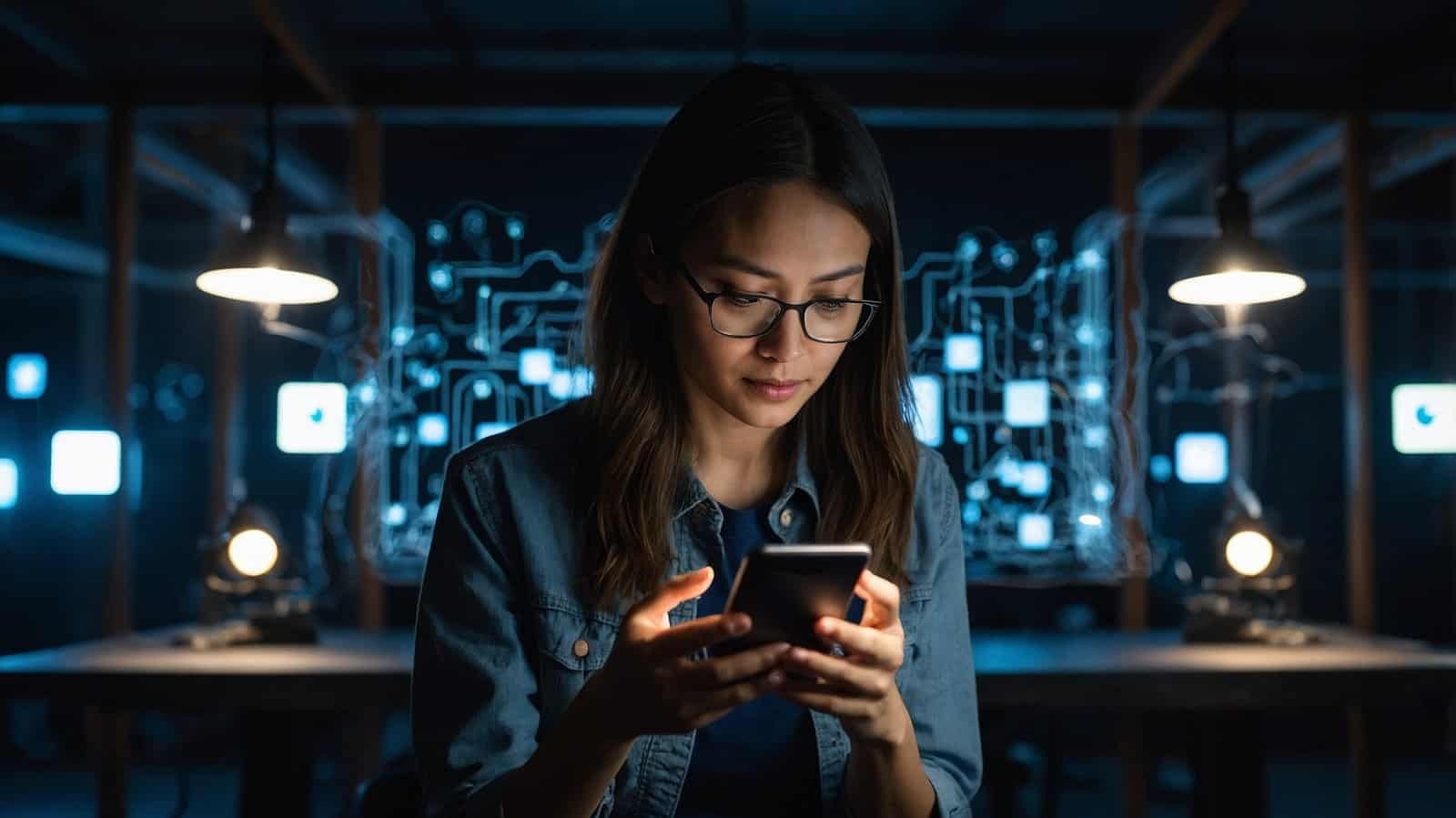 Woman in a dark tech room
