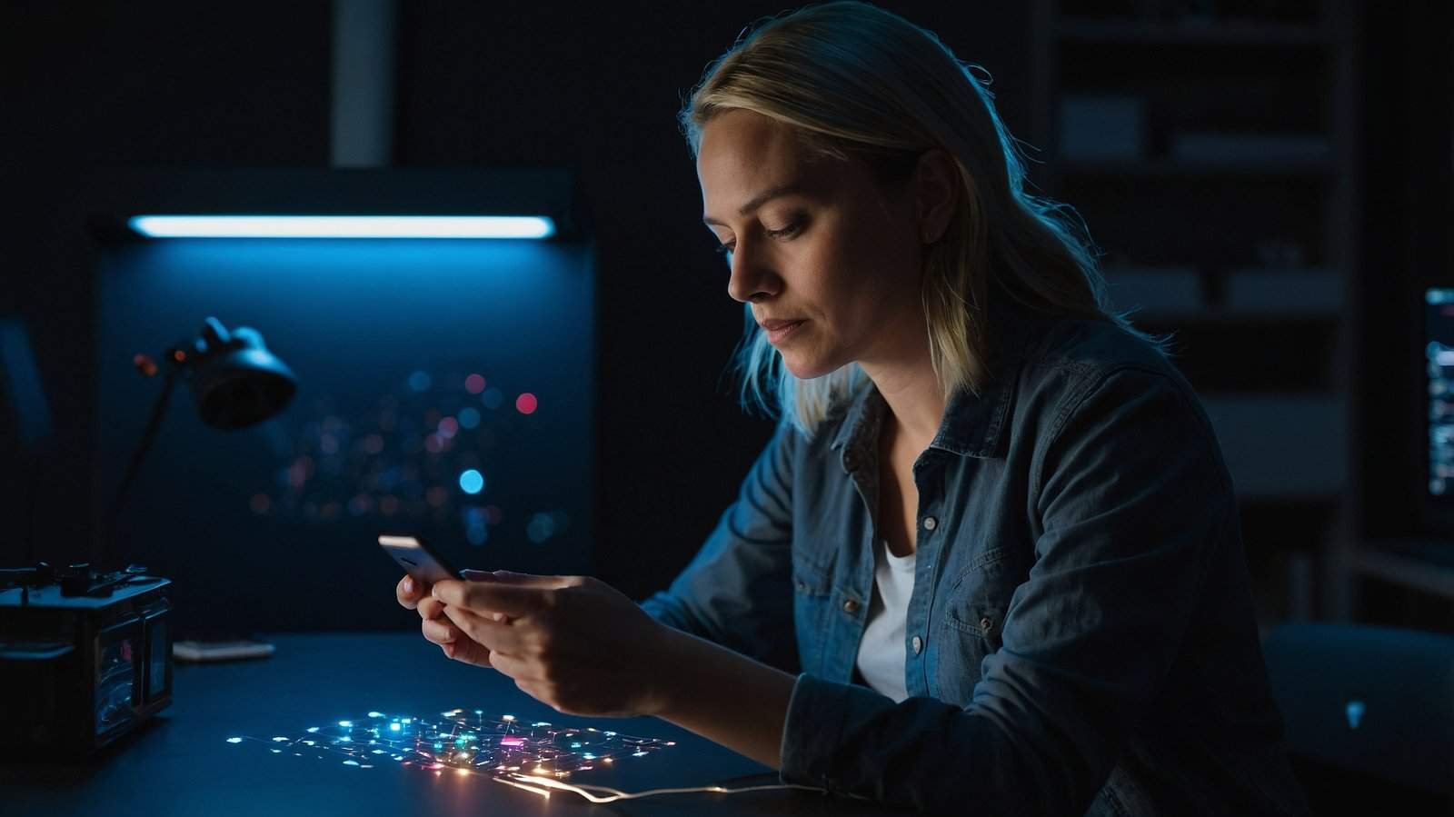 Woman in a dark tech room