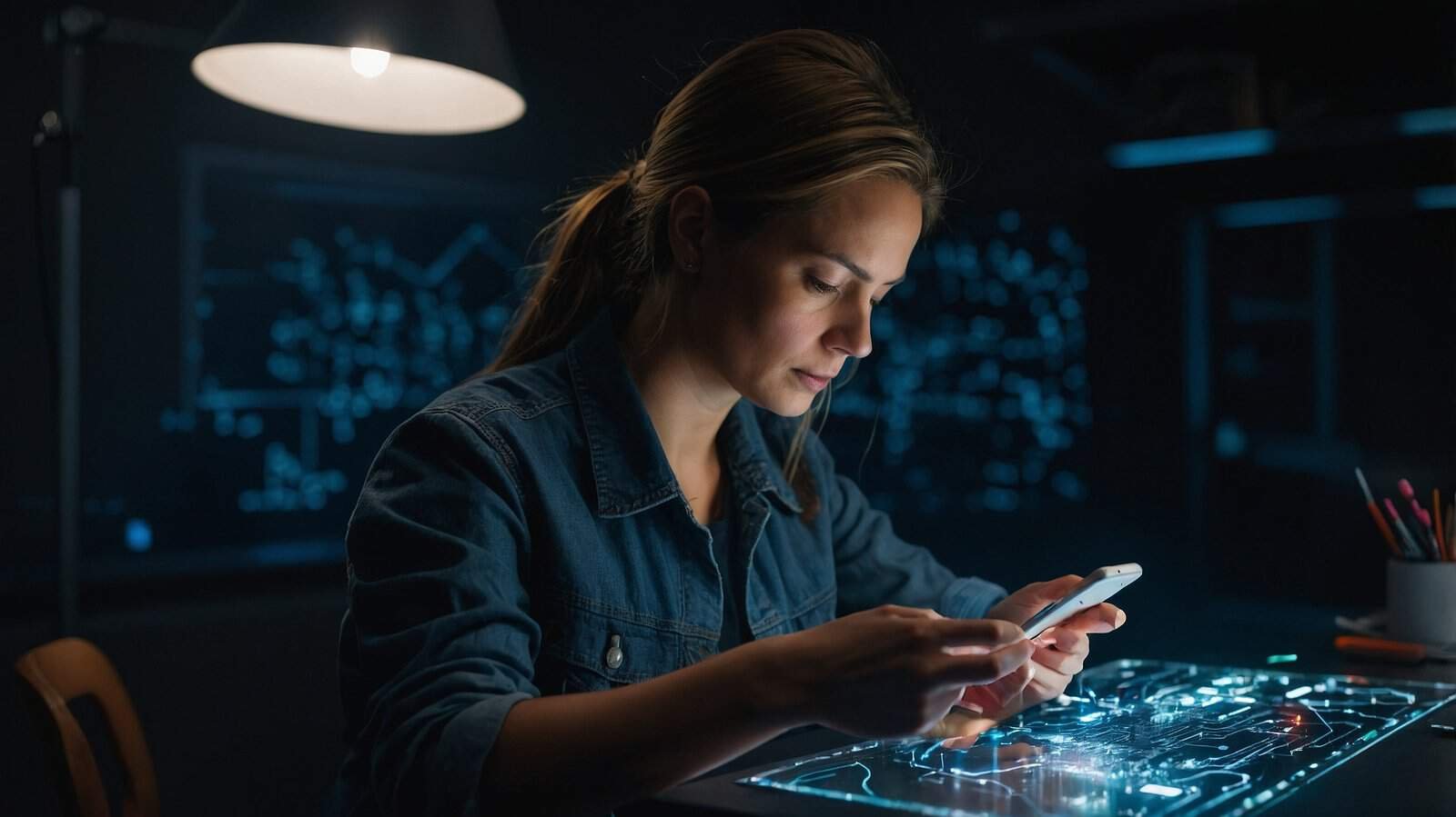Woman in a dark tech room