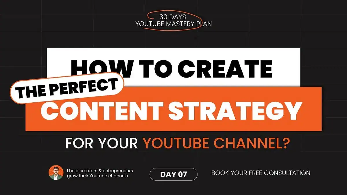 Graphic promoting a 30-day YouTube mastery plan on creating the perfect content strategy for your YouTube channel.