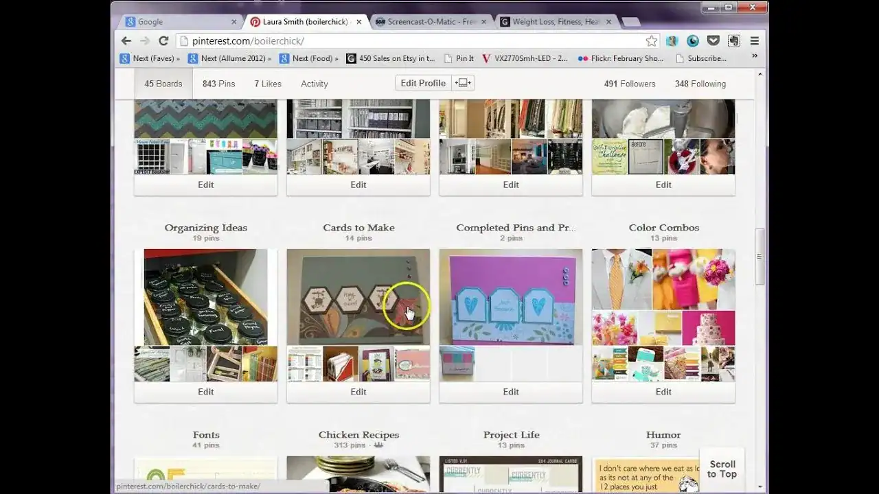 Pinterest profile page showing various boards like Organizing Ideas, Cards to Make, and Chicken Recipes with pins and followers.