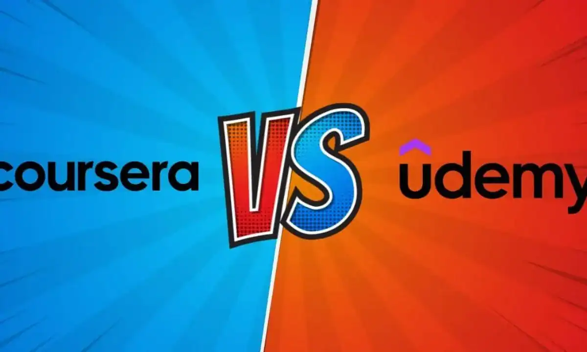 Comparison graphic of Coursera versus Udemy online learning platforms with bold VS text in the center.
