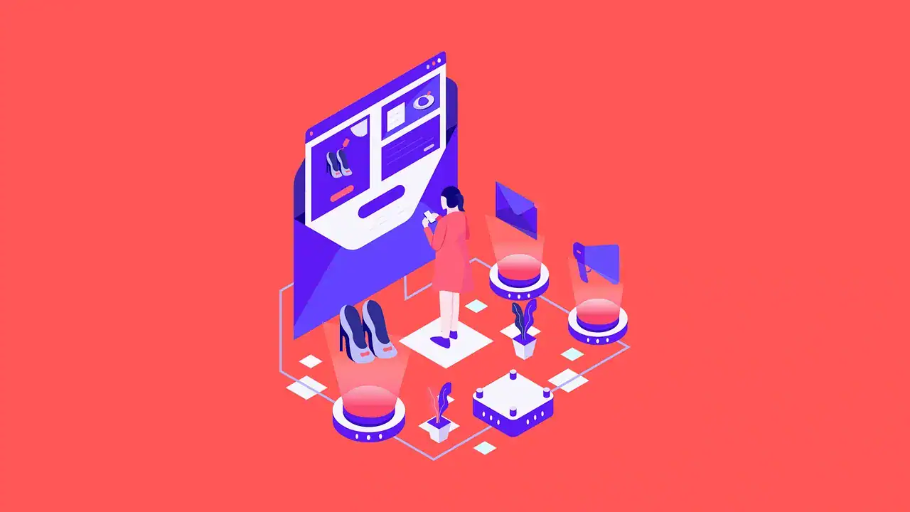 Person interacting with digital marketing tools including email, social media, and content creation on a vibrant background.