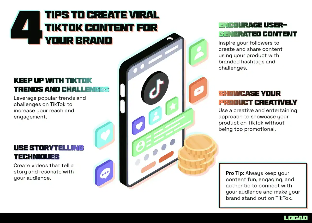 Four tips to create viral TikTok content for your brand, including trends, storytelling, user content, and creative showcasing.