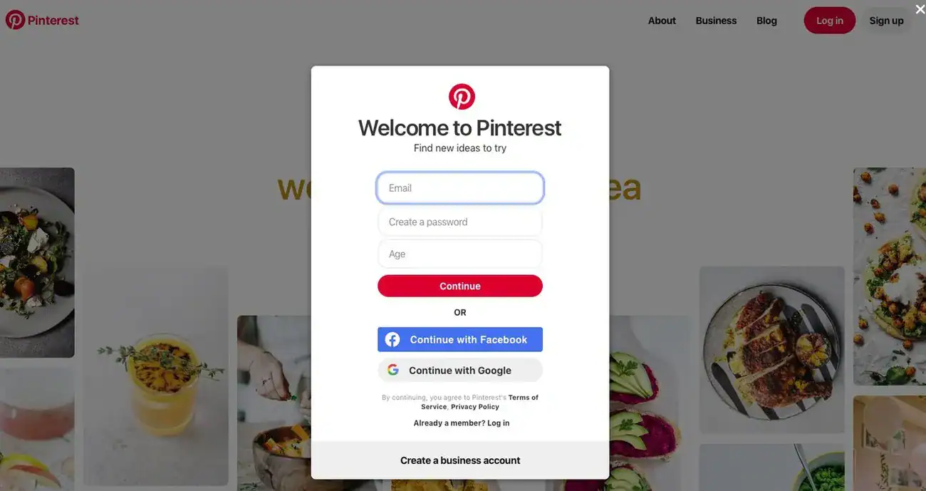 Pinterest sign-up page showing options to create an account using email, Facebook, or Google credentials.