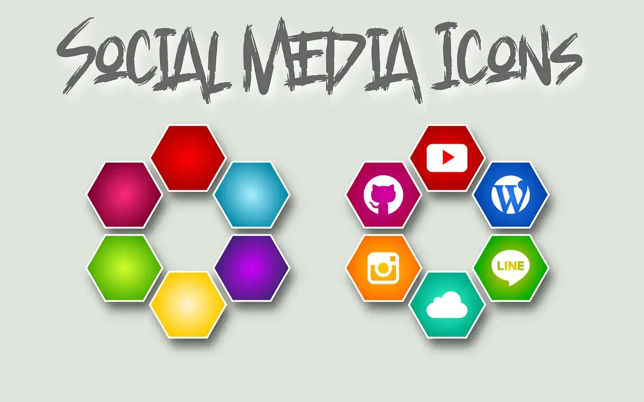 Hexagonal social media icons including YouTube, GitHub, WordPress, Instagram, Line, and cloud on a gray background.