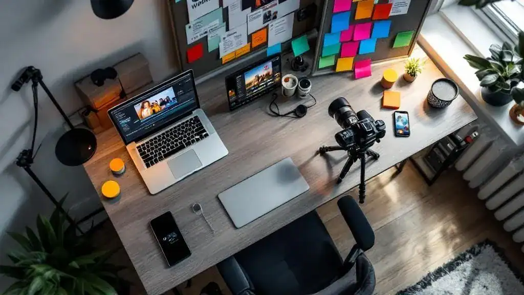 A modern YouTube content creation workspace with laptop, camera on tripod, smartphone, and colorful sticky notes on board.