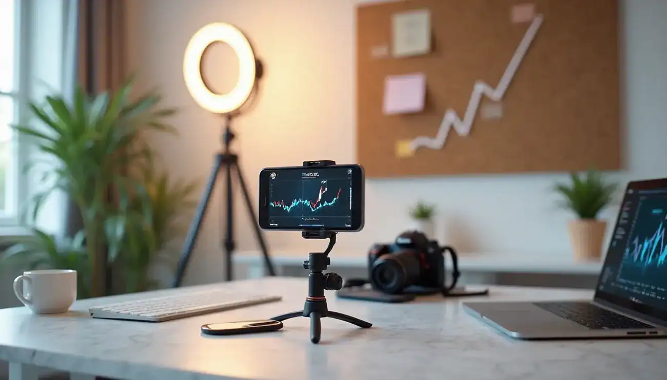 Smartphone on tripod showing growth charts in a modern workspace with camera, laptop, and ring light in the background.